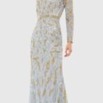 Mac Duggal 5124 Sz 10 Embellished Illusion Long Sleeve Gown Platinum Gold Color