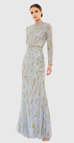 Mac Duggal 5124 Sz 10 Embellished Illusion Long Sleeve Gown Platinum Gold Color
