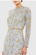 Mac Duggal 5124 Sz 10 Embellished Illusion Long Sleeve Gown Platinum Gold Color - Image 3