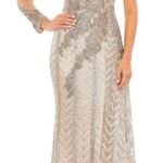 Mac Duggal 20401 Sz14Taupe Embellished Embroidered One Shoulder Long Sleeve Gown