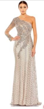 Mac Duggal 20401 Sz14Taupe Embellished Embroidered One Shoulder Long Sleeve Gown
