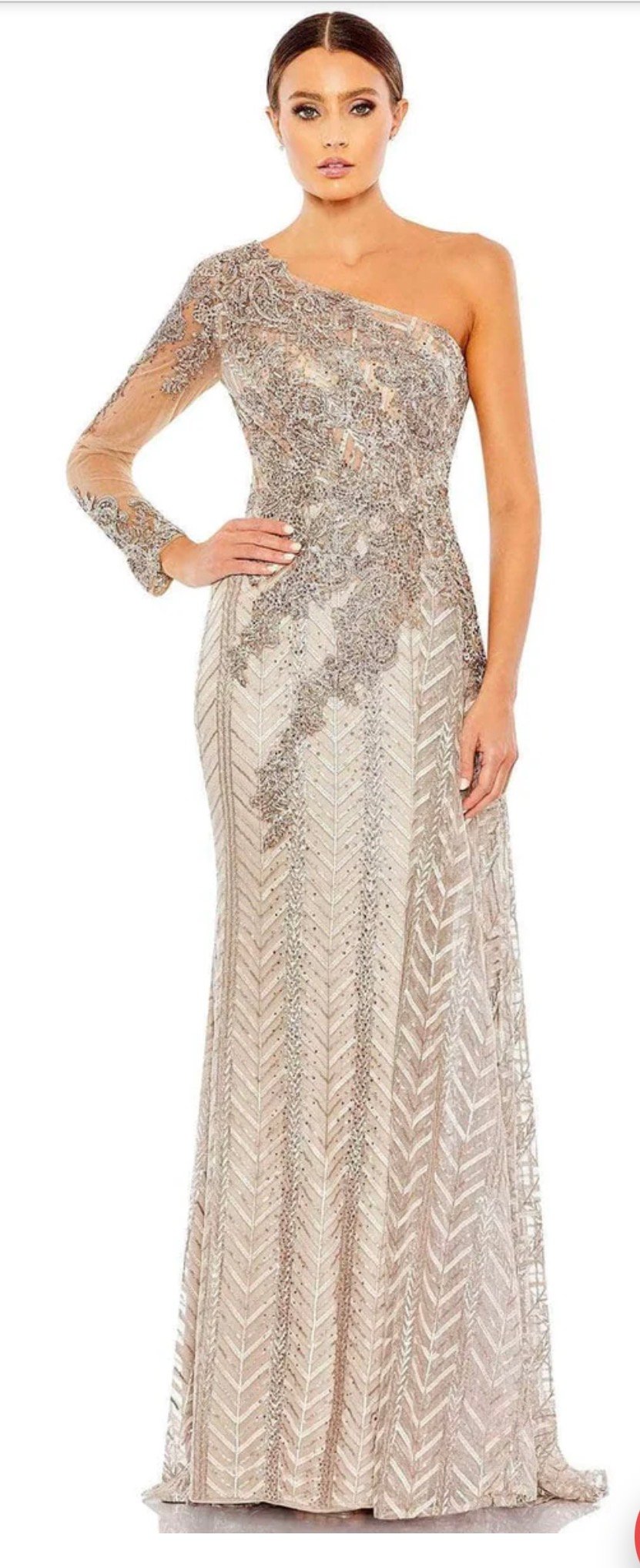 Screenshot Mac Duggal 20401 Sz14Taupe Embellished Embroidered One Shoulder Long Sleeve Gown - Image 1