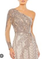 Mac Duggal 20401 Sz14Taupe Embellished Embroidered One Shoulder Long Sleeve Gown - Image 3