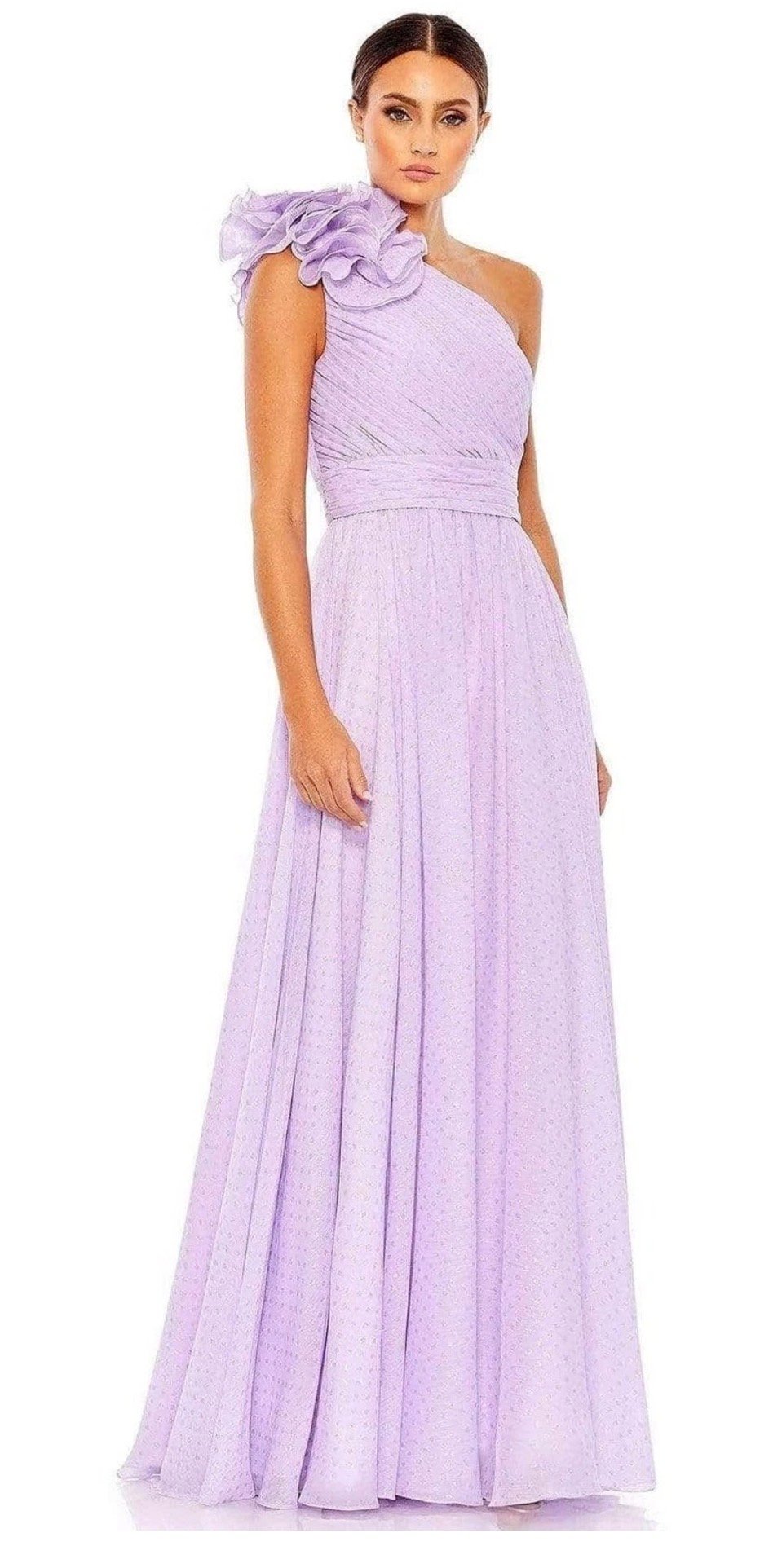 Screenshot Mac Duggal 49536 Lilac Purple Polka Dot Ruffled One Shoulder Gown Size 18 - Image 1