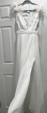 Mac Duggal 68113 White Feather Shoulder Cutout Lace Up Back Gown size 8 NWT - Image 6