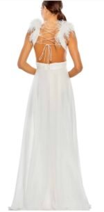 Mac Duggal 68113 White Feather Shoulder Cutout Lace Up Back Gown size 8 NWT - Image 2