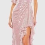 MAC DUGGAL 93662 Sz 6 SEQUINED FLUTTER SLEEVE ONE SHOULDER DRAPED mauve  GOWN