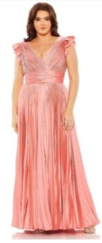 Mac Duggal 77006 Size 16 Coral  Flutter Sleeve Pleated V-Neck Gown