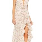Mac Duggal 50659 Sz 12 Floral ChiffoHigh-Low Gown Pink Rose V-Neck Ruffle Dress