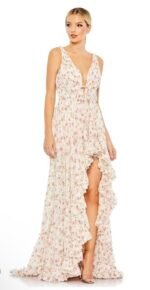 Mac Duggal 50659 Sz 12 Floral ChiffoHigh-Low Gown Pink Rose V-Neck Ruffle Dress