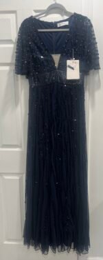Mac Duggal 93784 Sz 18 Midnight Sequin Mesh Flutter Sleeve Gown - Image 5