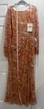 Mac Duggal 93547 Sz 18 Long Sleeve Bateau Neck Long Dress Apricot - Image 4