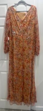 Mac Duggal 93547 Sz 18 Long Sleeve Bateau Neck Long Dress Apricot - Image 5