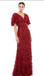 MAC DUGGAL 67712 Sz 18 EMBELLIHSED 3D FLORAL BURGUNDY FLUTTER SLEEVE GOWN