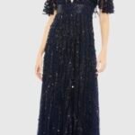 Mac Duggal 93784 Sz 18 Midnight Sequin Mesh Flutter Sleeve Gown