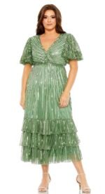 Mac Duggal 5785  Sz 24 W Sequin Faux Wrap Flutter Sleeve Ruffle Dress