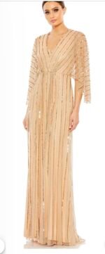 Mac Duggal 93841 Sz 18 Beaded Striping Kimono Sleeve Gown In Taupe/beige