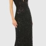 Mac Duggal 5107 Sz 12 Plunging V Neck Embellished Leaf Gown Black
