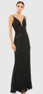Mac Duggal 5107 Sz 12 Plunging V Neck Embellished Leaf Gown Black