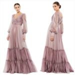 Mac Duggal 678641 Sz 16 Mocha Faux  Wrap Long Sleeve Tiered Gown