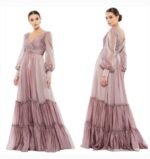 Mac Duggal 678641 Sz 16 Mocha Faux  Wrap Long Sleeve Tiered Gown