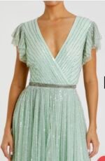 Mac Duggal 5502 Sz 14 Green Evening Gown Beaded Short Sleeve Long A-Line Dress - Image 4