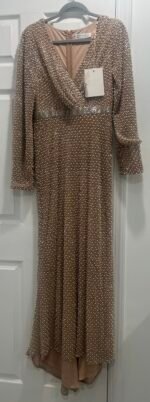 NWT Mac Duggal 10062 Sz 8 Wrap Over Bishop Sleeve Gown With Pearl Beading - Image 6
