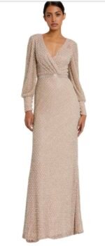 NWT Mac Duggal 10062 Sz 8 Wrap Over Bishop Sleeve Gown With Pearl Beading