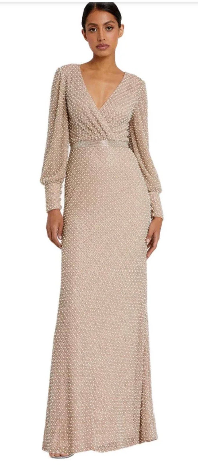 Screenshot NWT Mac Duggal 10062 Sz 8 Wrap Over Bishop Sleeve Gown With Pearl Beading - Image 1