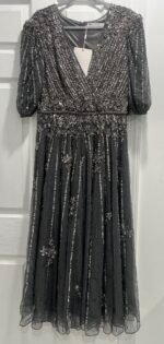 Mac Duggal 5995 Sz 12 Pewter Sequined Embellished Puff Sleeve Cocktail Dress - Image 4