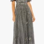Mac Duggal 5995 Sz 12 Pewter Sequined Embellished Puff Sleeve Cocktail Dress