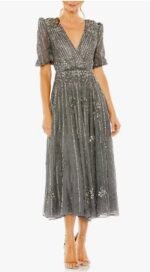 Mac Duggal 5995 Sz 12 Pewter Sequined Embellished Puff Sleeve Cocktail Dress