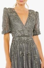 Mac Duggal 5995 Sz 12 Pewter Sequined Embellished Puff Sleeve Cocktail Dress - Image 3