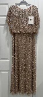 Mac Duggal 14523 Sz 10 Pearl Beaded Sequin Formal Gown Gold Nude - Image 5