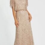 Mac Duggal 14523 Sz 10 Pearl Beaded Sequin Formal Gown Gold Nude