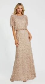 Mac Duggal 14523 Sz 10 Pearl Beaded Sequin Formal Gown Gold Nude